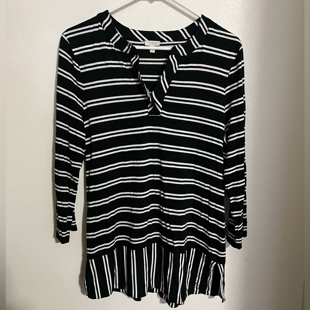 TALBOTS Classic V Neck Striped Blouse with Ruffle Black and White Women's Size L